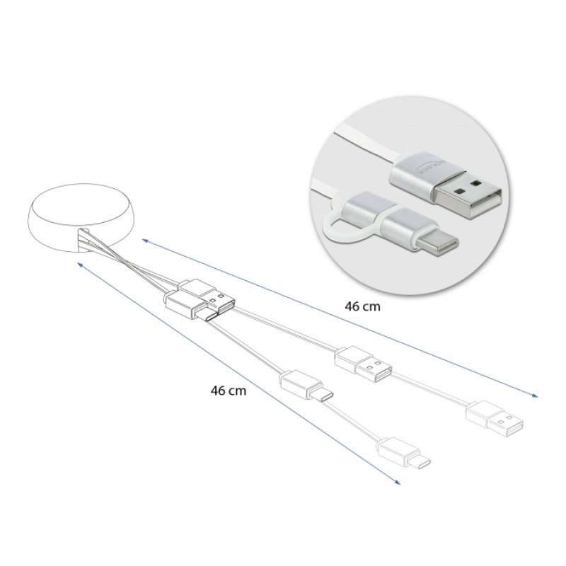 DELOCK USB 2.0 2 in 1 Aufrollkabel Typ-A zu Micro-B und Lightning 8 Pin weiss / gold