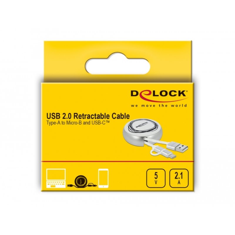 DeLOCK USB 2.0 2 in 1 Retractable Cable Type-A to Micro-B and USB-C™ white / silver
