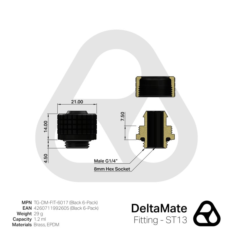 Thermal Grizzly DeltaMate Kompressions-Fitting, Messing, G1/4”-Gewinde - schwarz, ST13, 6er-Pack