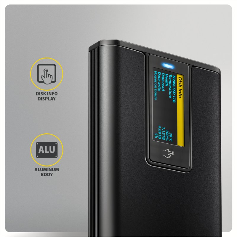 Axagon EEM2-SD2B USB-C 10Gbps M.2 NVMe & SATA SSD Enclosure with Display, Screwless, Black