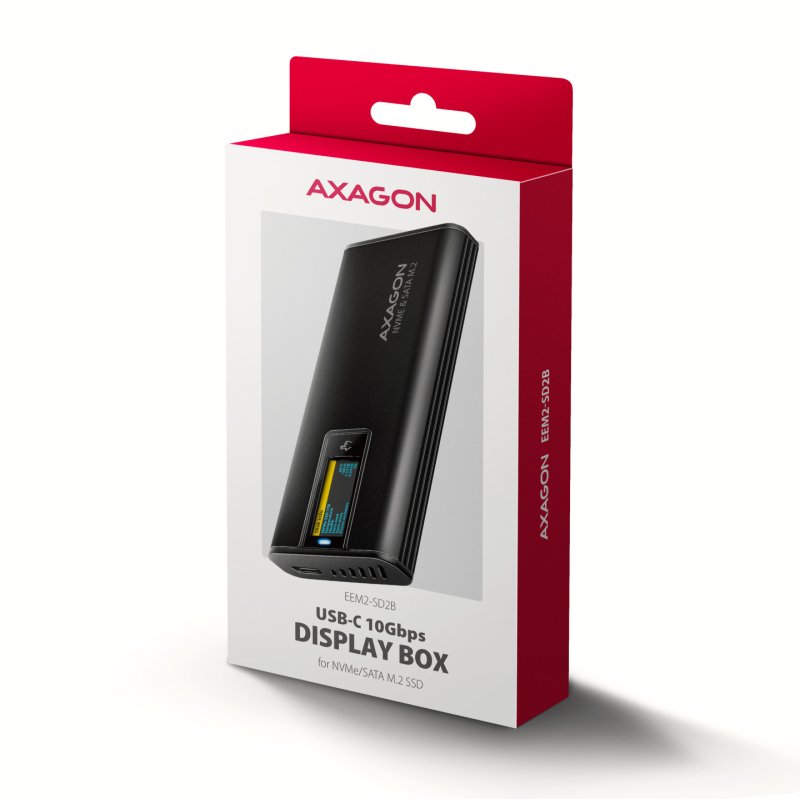 Axagon EEM2-SD2B USB-C 10Gbps M.2 NVMe & SATA SSD Enclosure with Display, Screwless, Black