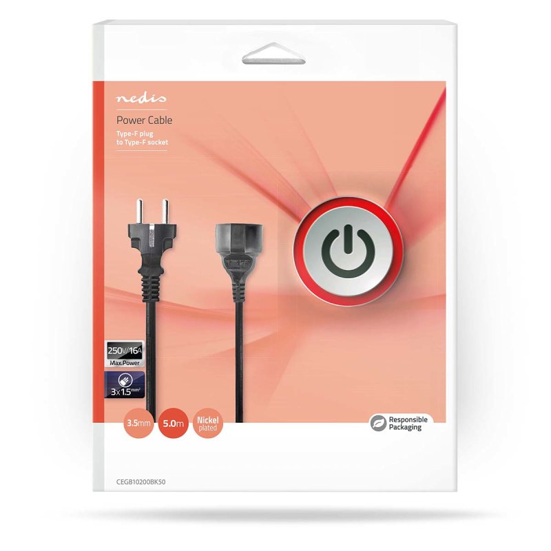 Nedis CEGB10200BK50 câble électrique Noir 5 m Prise d'alimentation type F
