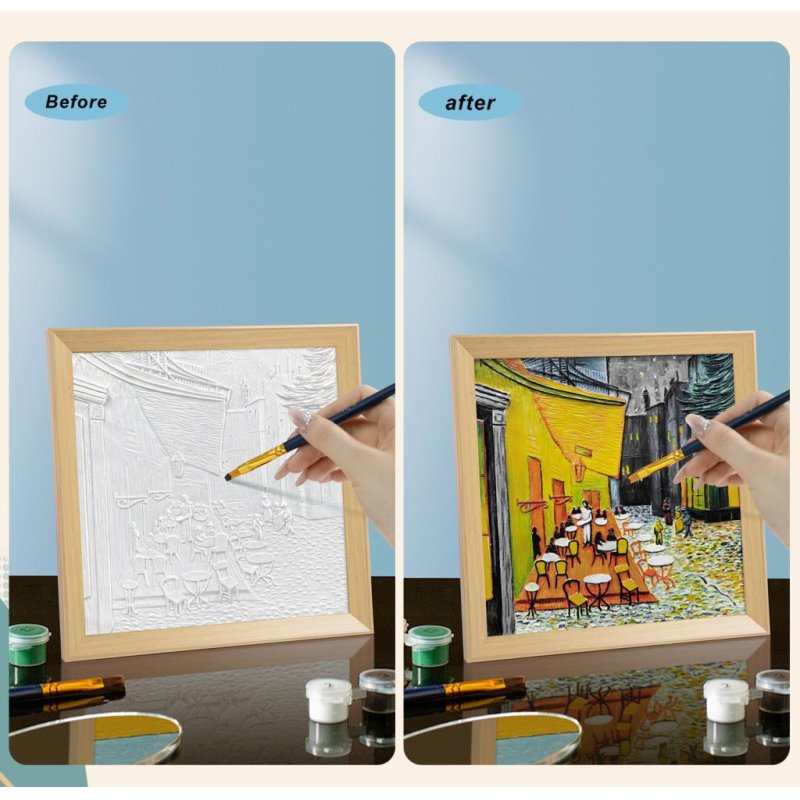 Peinture 3D en résine DIY - Terrasse du café la nuit - 34x34cm