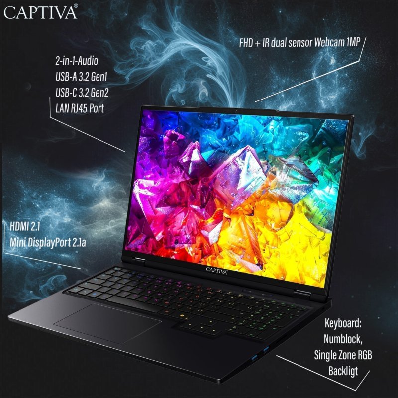 CAPTIVA 95068 laptop AMD Ryzen™ 9 9955HX Ordinateur portable 40,6 cm (16") WQXGA 64 Go DDR5-SDRAM SSD NVIDIA GeForce
