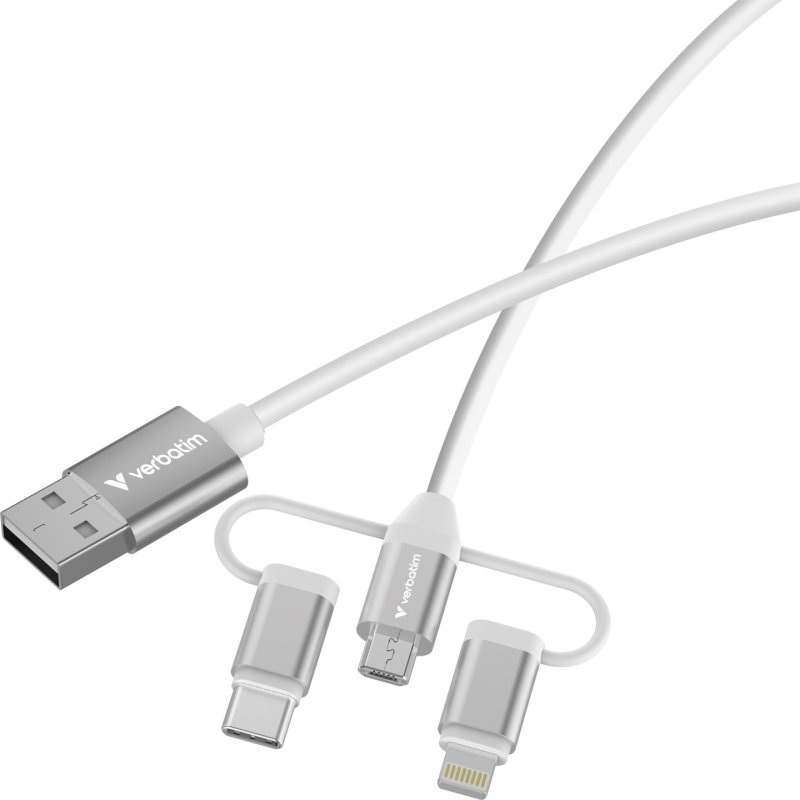 Cable Adaptateur Verbatim USB-A vers micro-B USB-C Lightning M/M 18W 1m (Blanc)