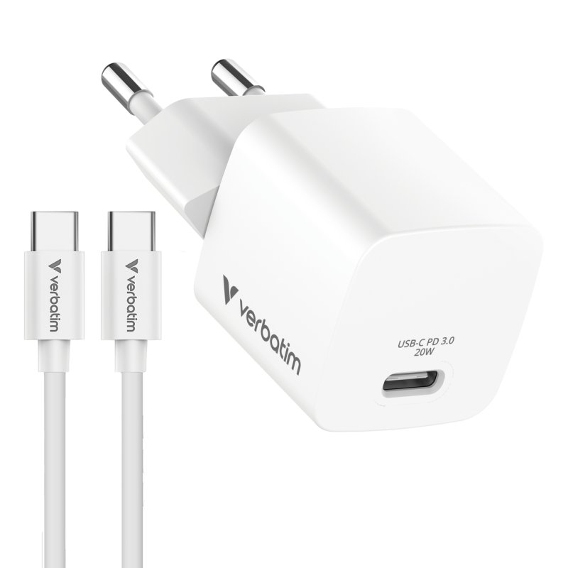 Mini chargeur secteur Verbatim GaN USB-C avec cable USB-C 20W (Blanc)