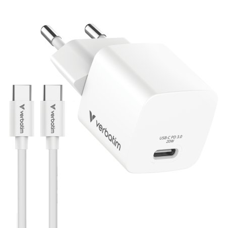 Mini chargeur secteur Verbatim GaN USB-C avec cable USB-C 20W (Blanc)