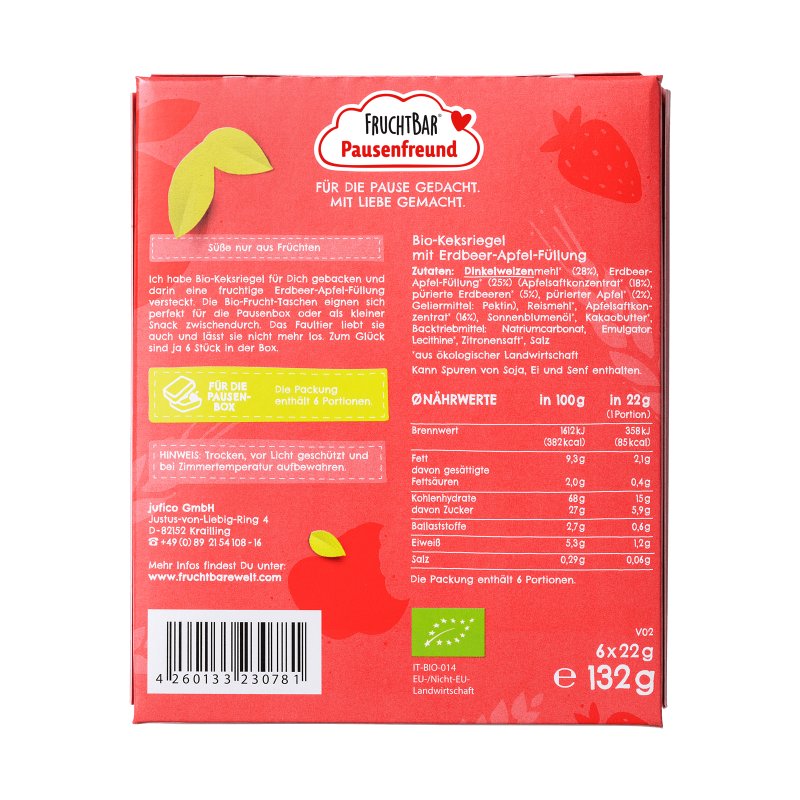 FruchtBar Bio Frucht Tasche Dinkel, Erdbeere, Apfel Barres de snacks