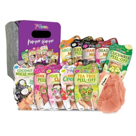 7th Heaven Pamper Hamper Gift Set with Peel-Off and Mud Face Masks, Coconut Hair Mask, Body Puff, and Felt Presentation