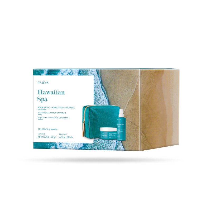 PUPA Milano Hawaiian Spa Kit 3: Anti-Fatigue Salt Scrub 350g Anti Fatigue Spray Fluid 200ml Cosmetics bag
