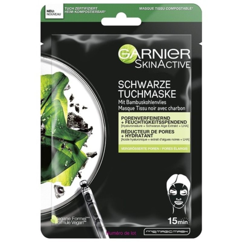 Garnier Black Sheet Mask Minimize Pores Moisturizing and Refining Pores with Hyaluronic Acid Black Algae Extract and