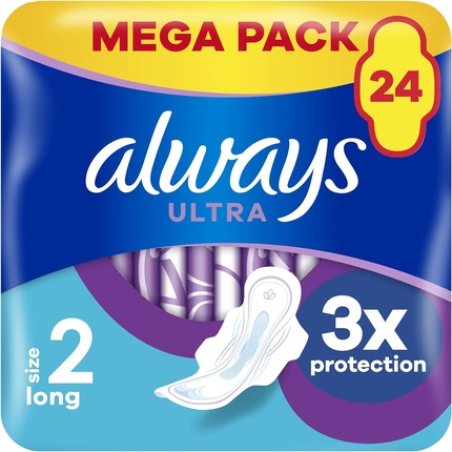 Always Ultra Sanitary Towels Long Size 2 with Wings 24 Pads Super Absorbent and Ultra Thin for Menstrual Periods