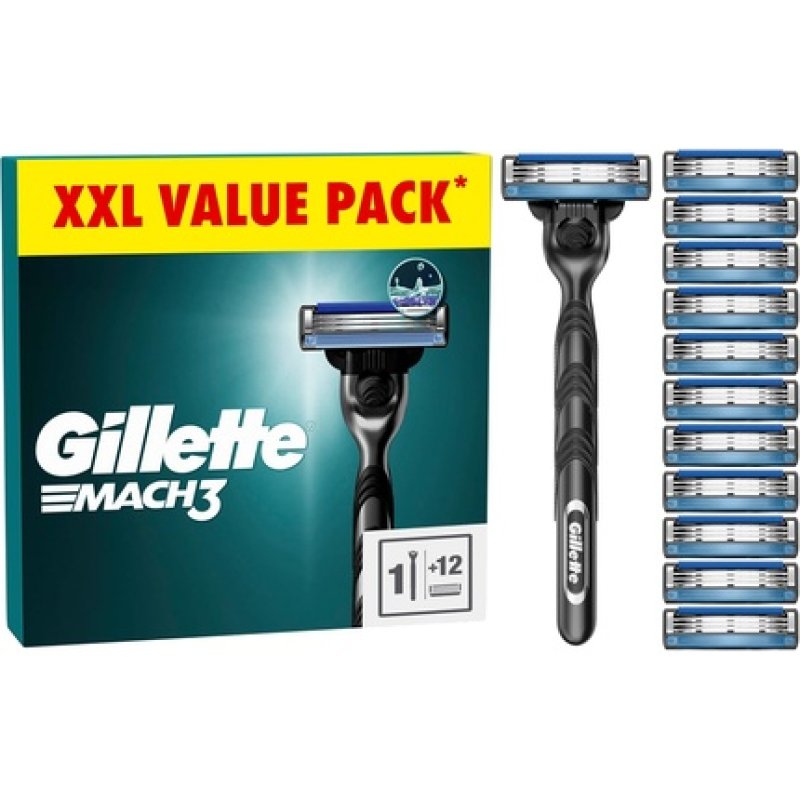 Gillette Mach3 Men's Razor with 12 Razor Blade Refills 3 Blades for a Smooth Shave Fits All Mach3 Handles