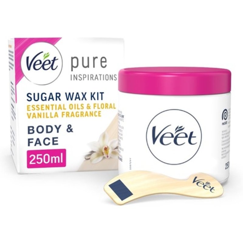 Veet Sugar Wax Kit Vanilla 250ml Hot Wax Hair Removal Kit Face Wax Strips Dermatologist Tested Smooth Skin Waxing