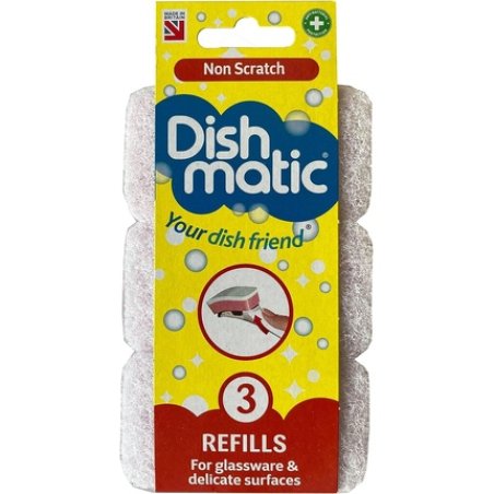 Dishmatic White Non-Scratch Washing-Up Sponge Refill Heads with Antibacterial Abrasive - Pack of 3