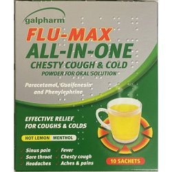 Galpharm Flu Max All In 1 Lemon 10 Powder Sachets for Fever Blocked Nose and Sore Throat
