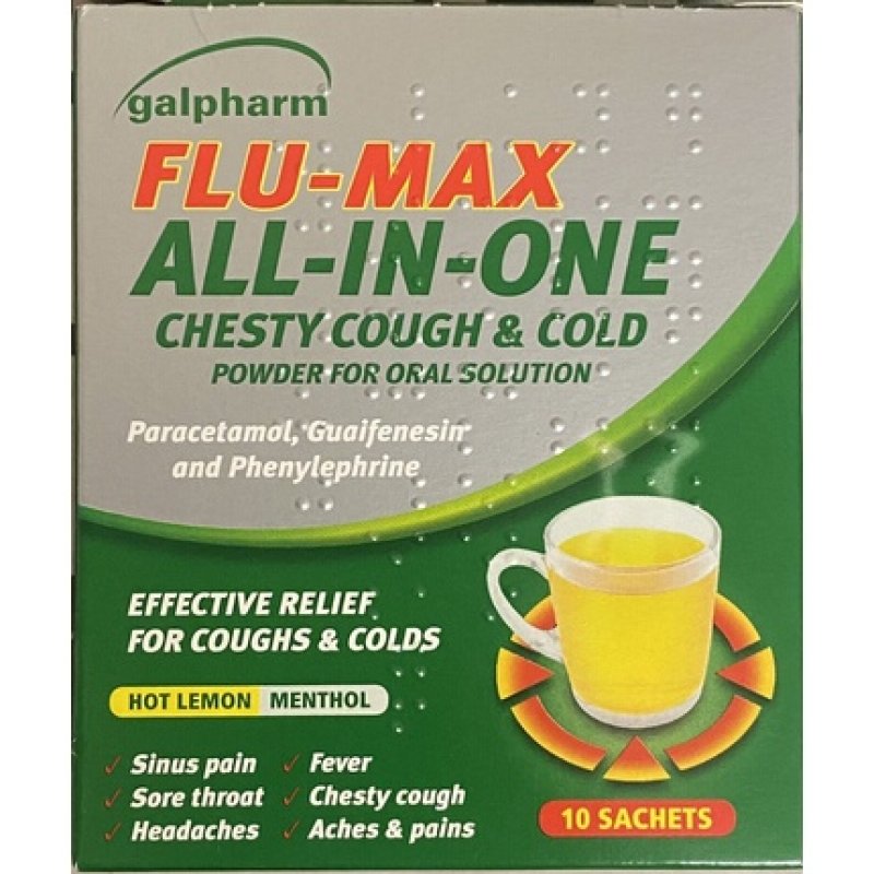 Galpharm Flu Max All In 1 Lemon 10 Powder Sachets for Fever Blocked Nose and Sore Throat