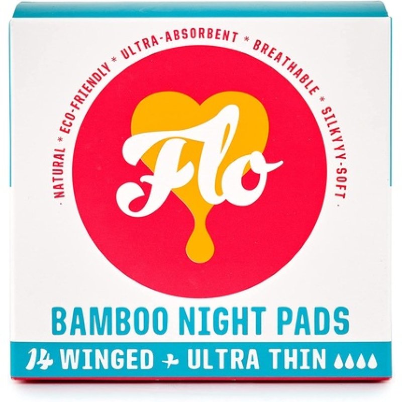 FLO Organic Bamboo Sanitary Pads with Wings Biodegradable and Ultra Thin 14 Night Pads