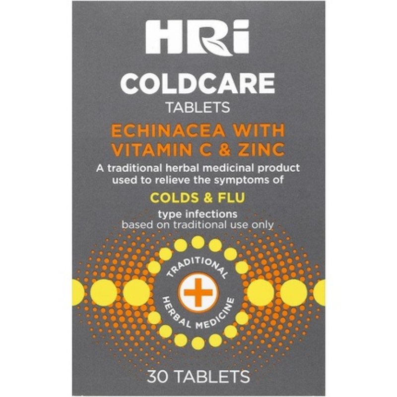 HRI ColdCare Cold and Flu Tablets with Echinacea, Vitamin C, and Zinc 30 Tablets