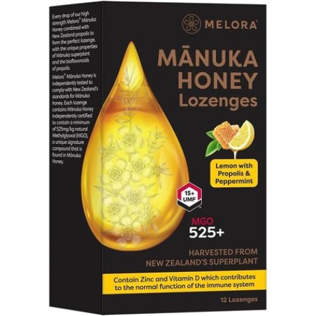 Melora High Strength Manuka Honey Lozenges 525 Mgo Umf 15 With Propolis Lemon & Peppermint Flavour