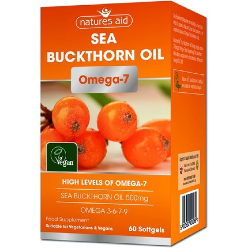 Natures Aid 100% Pure Omega-7 Sea Buckthorn Oil 500mg 60 Vegetarian Softgels