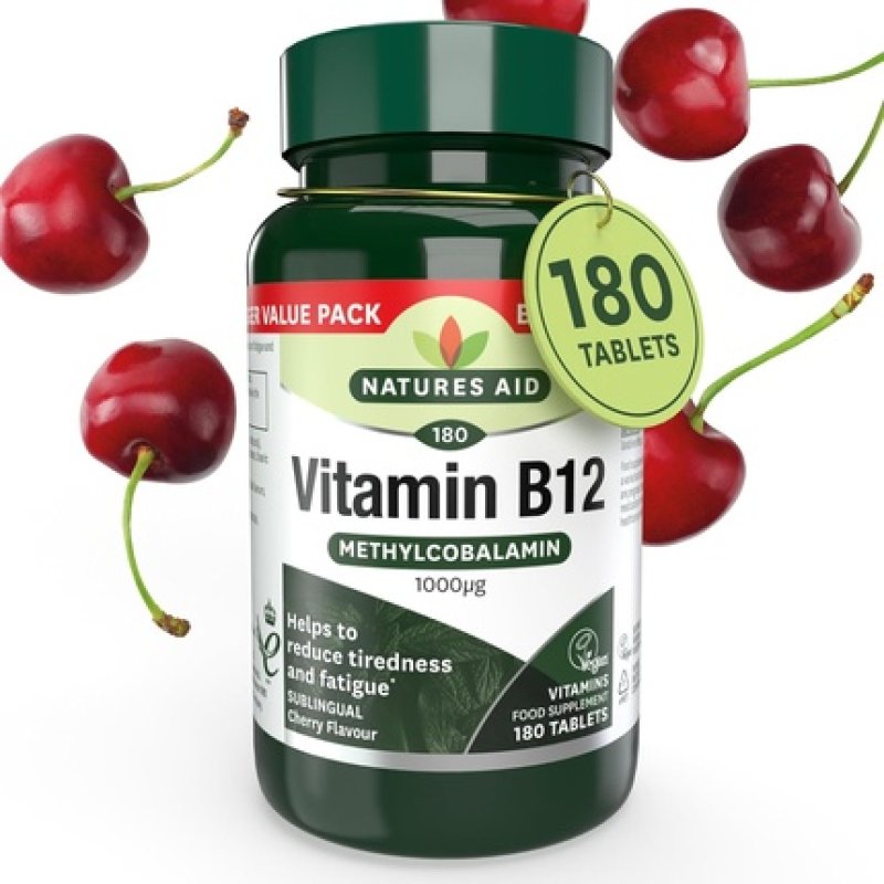 Natures Aid Vitamin B12 Methylcobalamin Cherry Flavour 180 Tablets