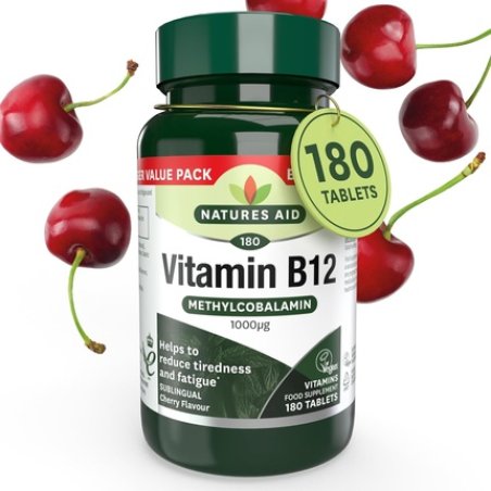 Natures Aid Vitamin B12 Methylcobalamin Cherry Flavour 180 Tablets