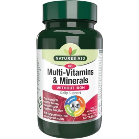 Natures Aid Multi-Vitamins and Minerals 60 Tablets Without Iron One-a-Day Formula Supports Immune Energy Brain Bone