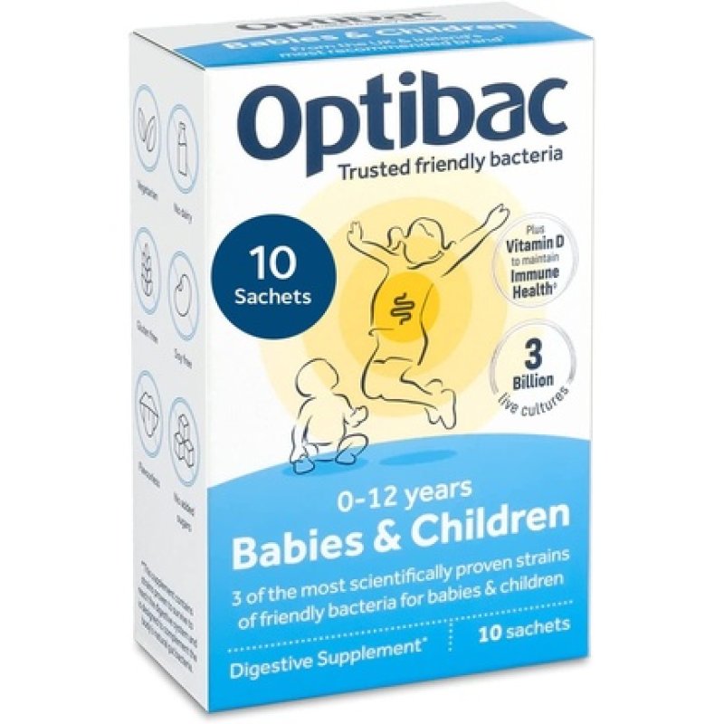 Optibac for Babies & Children Gut Friendly Bacteria with Vitamin D 3 Billion Bacterial Cultures 10 Sachets