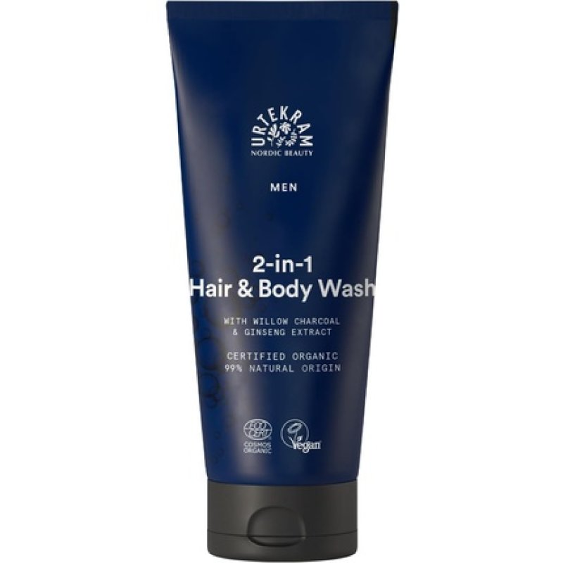 Urtekram Men's 2-in-1 Hair & Body Wash with Ginseng Extract & Organic Willow Charcoal 200ml