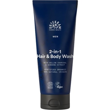 Urtekram Men's 2-in-1 Hair & Body Wash with Ginseng Extract & Organic Willow Charcoal 200ml