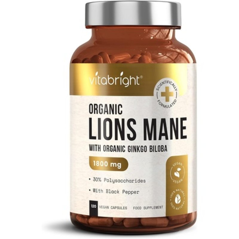 Organic Lions Mane Mushroom Complex with Ginkgo Biloba and Black Pepper 120 Capsules 1800mg