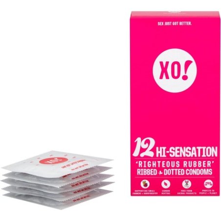 XO! Hi-Sensation Ribbed and Dotted Condoms Natural Rubber Latex Unscented 12 Pack