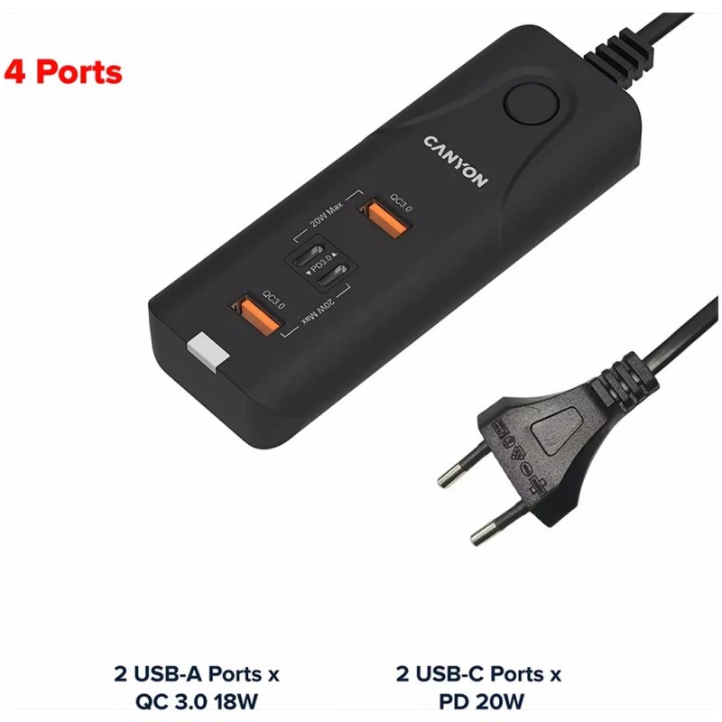 Canyon Power Adapter 2xUSB-A 2xUSB-C 18W QC3.020W PD Bl Retail