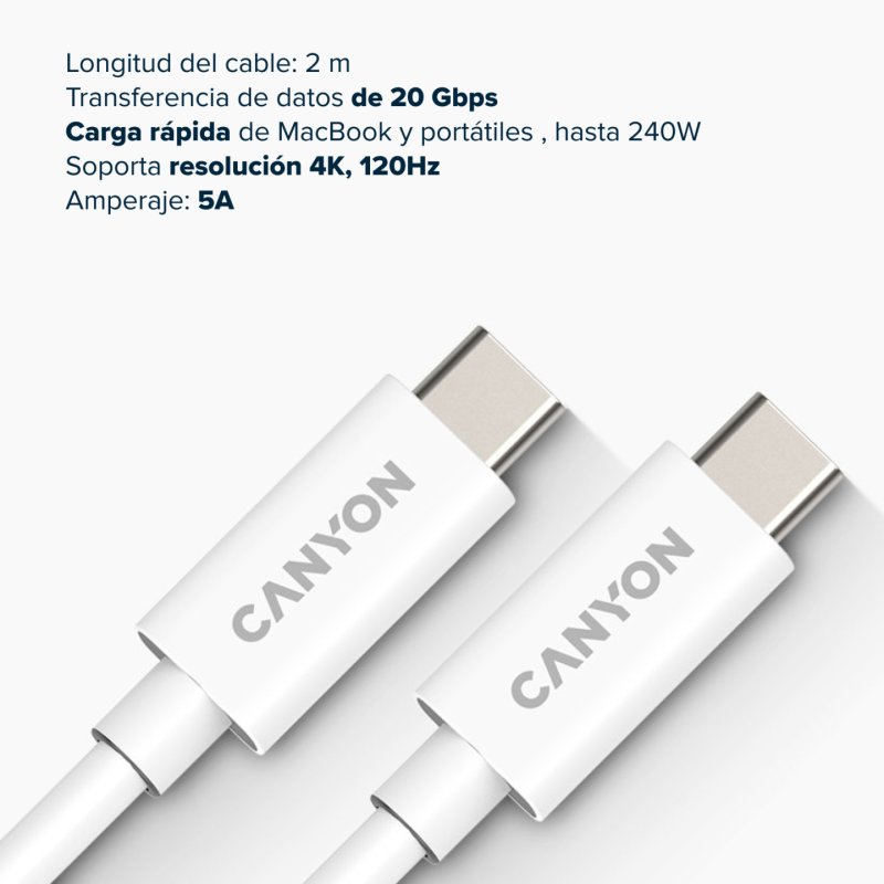 CANYON UC-42, cable, U4-CC-5A2M-E, USB4 TYPE-C to TYPE-C cable assembly 20G 2m 5A 240W(ERP) with E-MARK, CE, ROHS, white