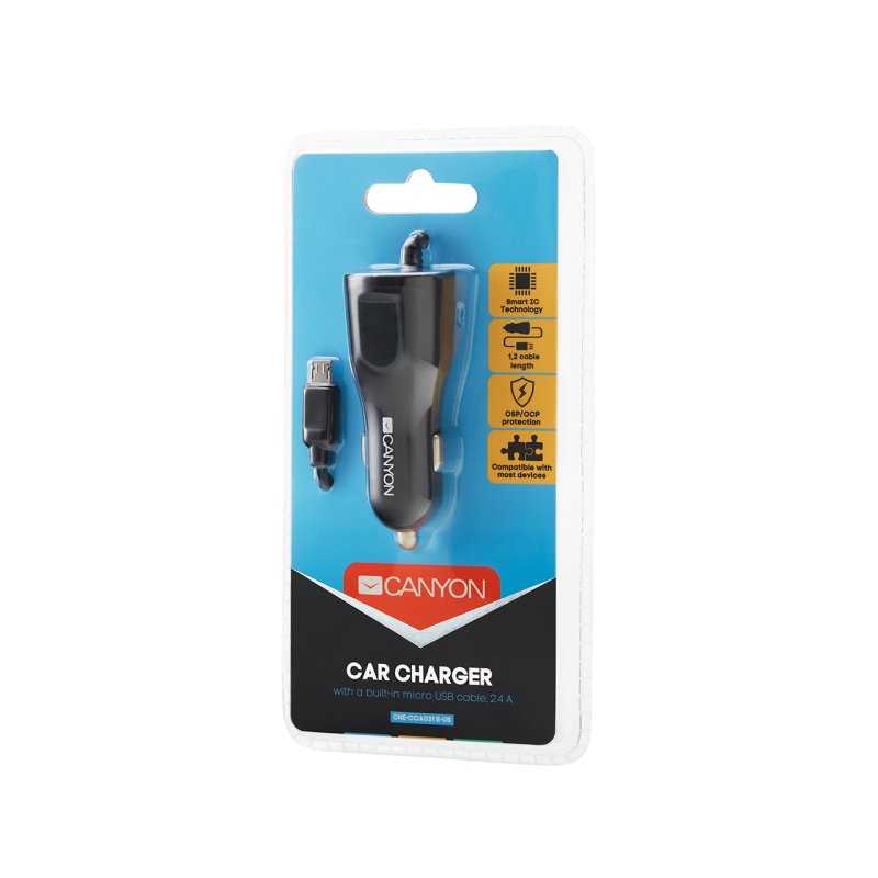 CANYON car charger C-031 2.4A/USB-A built-in MicroUSB Black