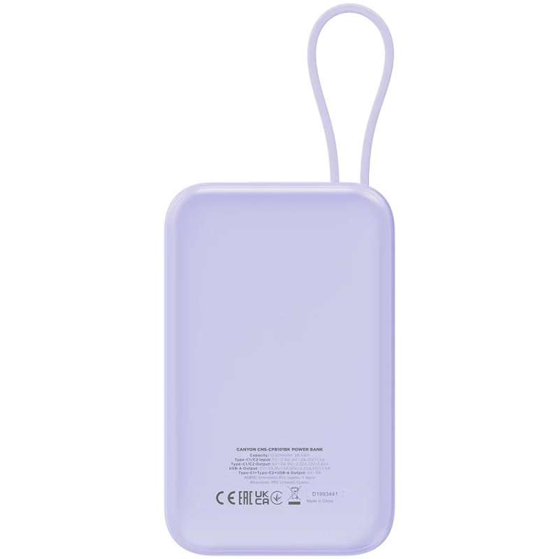 Canyon power bank OnPower 101 built-in cable 10000 mAh PD22.5W Violetin Lithium-Ion (Li-Ion) Violet