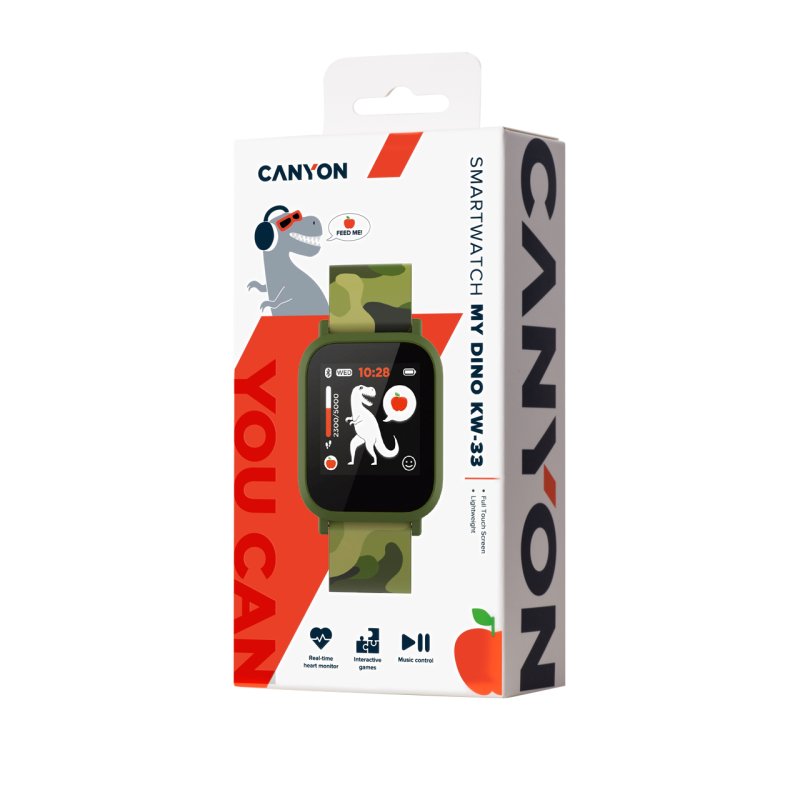 CANYON My Dino KW-33, Teenager smart watch, 1.3 inches IPS full touch screen, green plastic body, IP68 waterproof, BT5.0