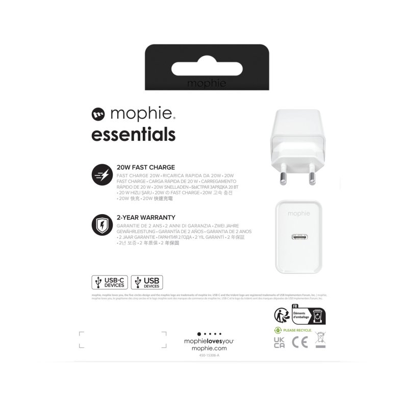 mophie essentials 20W USB-C PD wall adapter Universel Blanc Secteur Charge rapide Intérieure