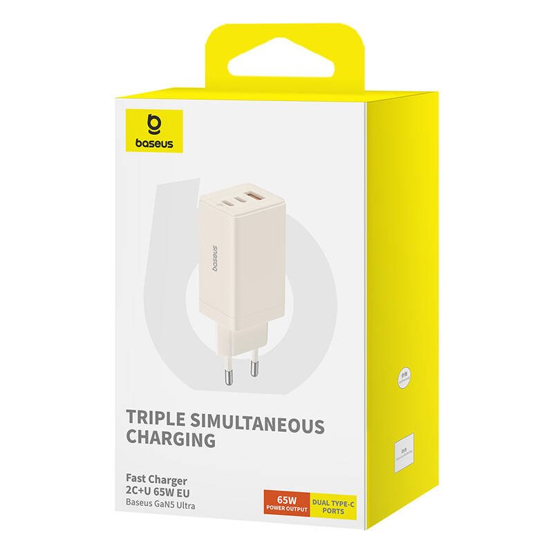 Wall charger Baseus GaN5 2x USB-C USB, 65W cable 1m (white)