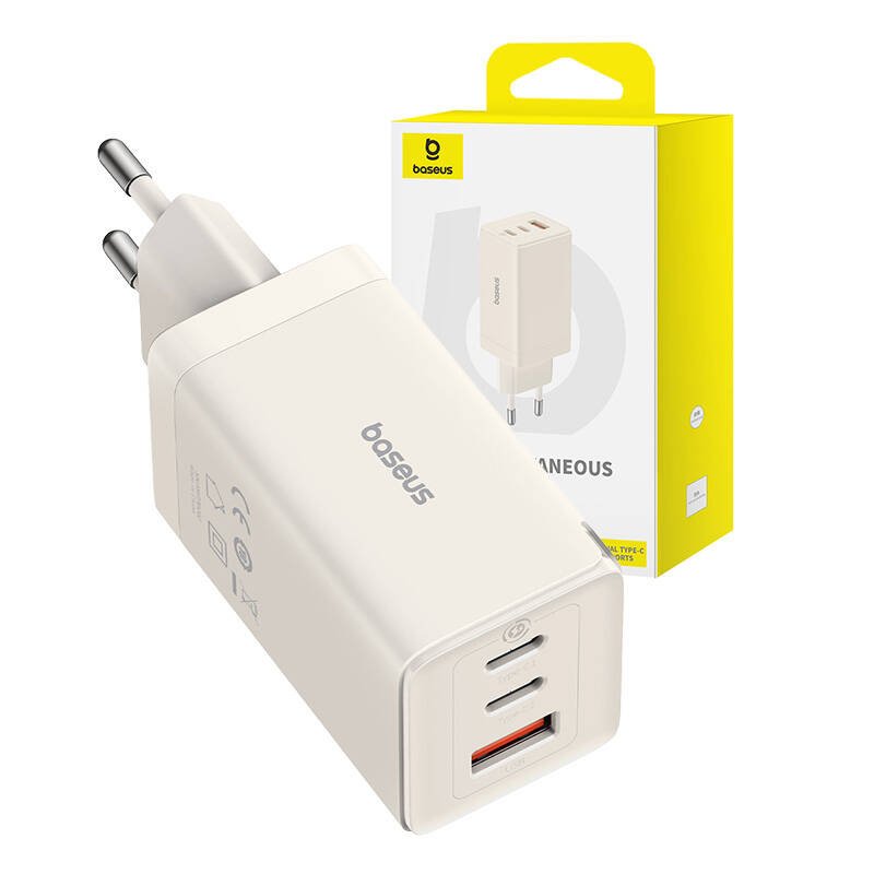 Wall charger Baseus GaN5 2x USB-C USB, 65W cable 1m (white)