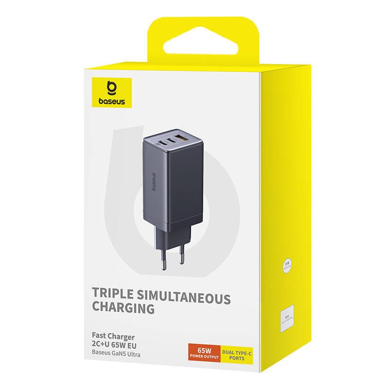 Wall charger Baseus GaN5 2x USB-C USB, 65W cable 1m (grey)