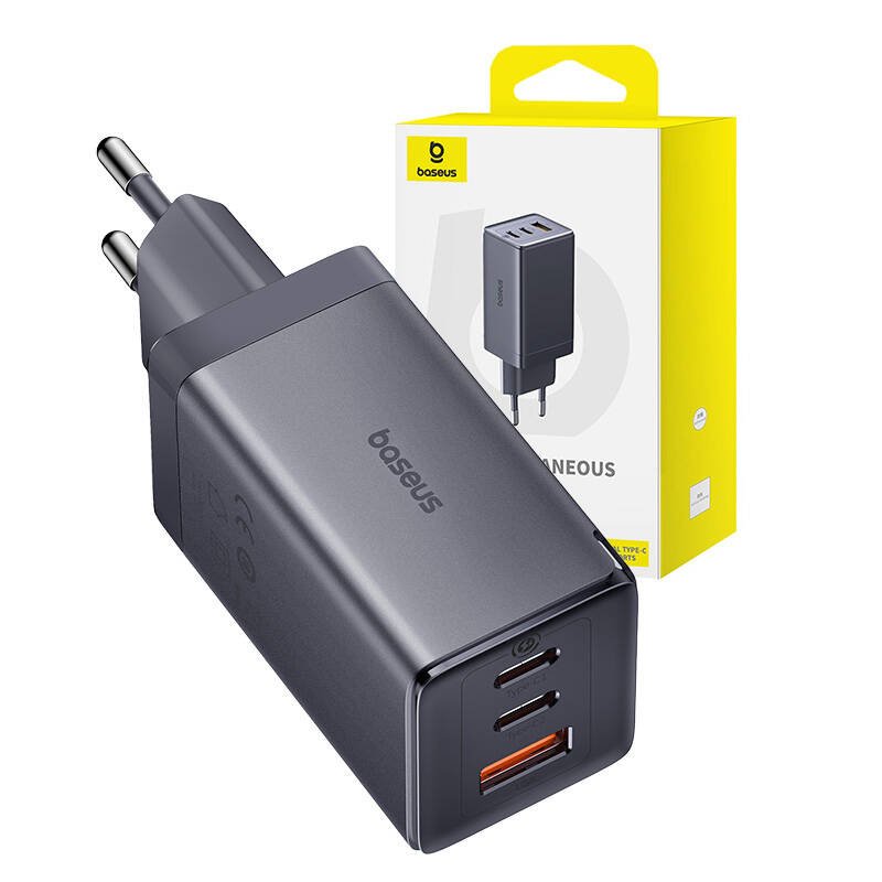 Wall charger Baseus GaN5 2x USB-C USB, 65W cable 1m (grey)