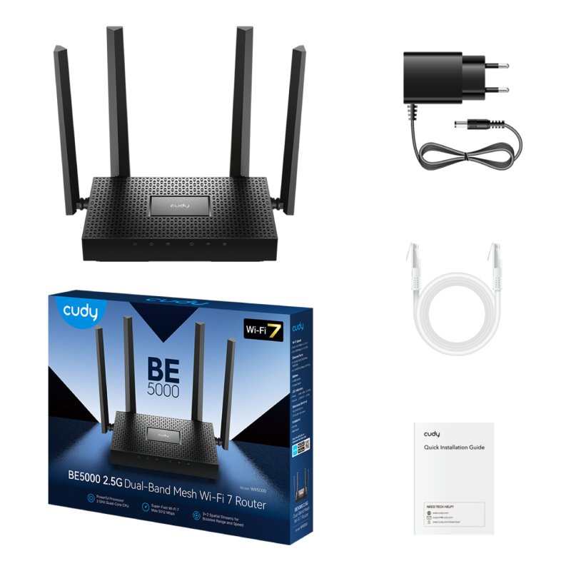 Cudy BE5000 2.5G Mesh Wi-Fi 7 Router, WR5000 1.0 routeur sans fil 2.5 Gigabit Ethernet Bi-bande (2,4 GHz / 5 GHz) Noir