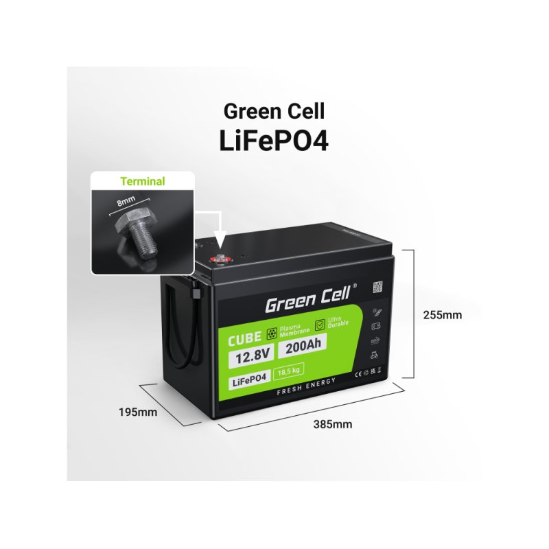 Greencell LiFePO4 Battery 200Ah 12.8V 2560Wh L