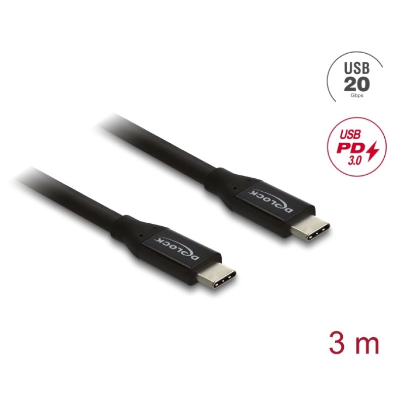 DeLOCK 81708 câble USB USB4 Gen 2x2 3 m USB C 20 Gbit/s 60 W Noir