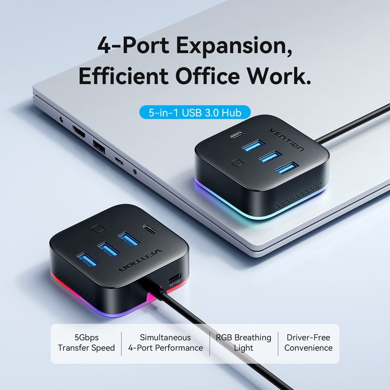Hub USB 3.0 Vention - 4 ports 3x USB-A 2x USB-C RGB 0.25m (Noir)