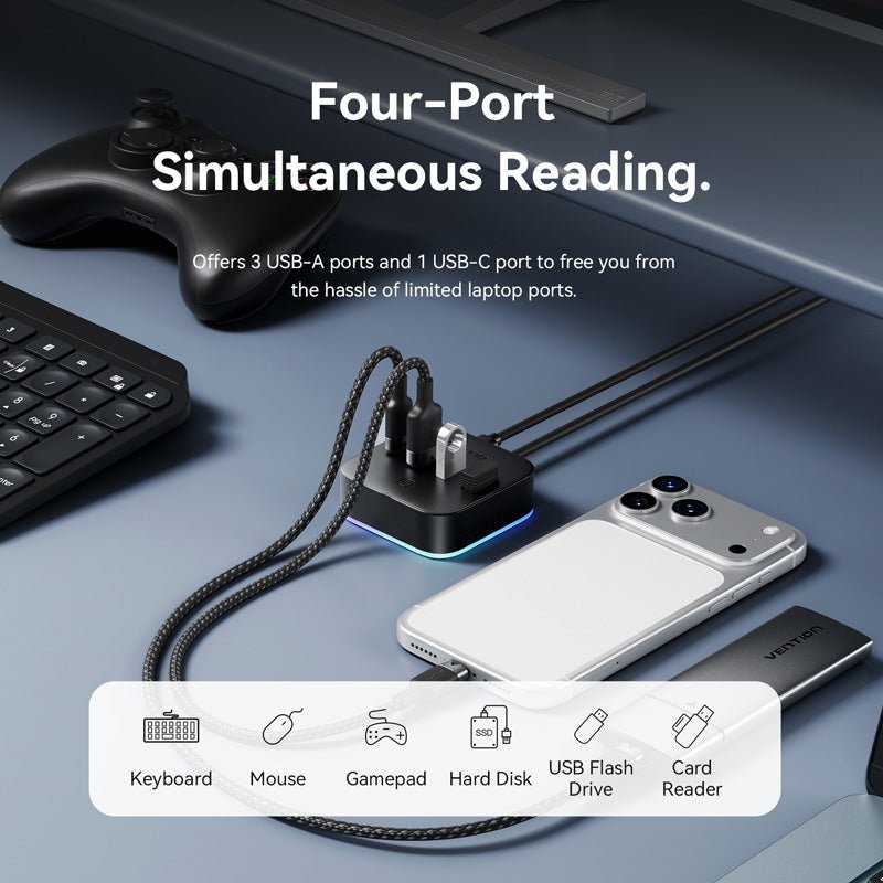 Hub USB 3.0 Vention - 4 ports 3x USB-A 2x USB-C RGB 0.25m (Noir)