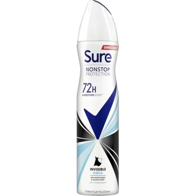 Sure Invisible Aqua Nonstop Protection Anti-perspirant Deodorant Aerosol 72h Protection Spray 250ml