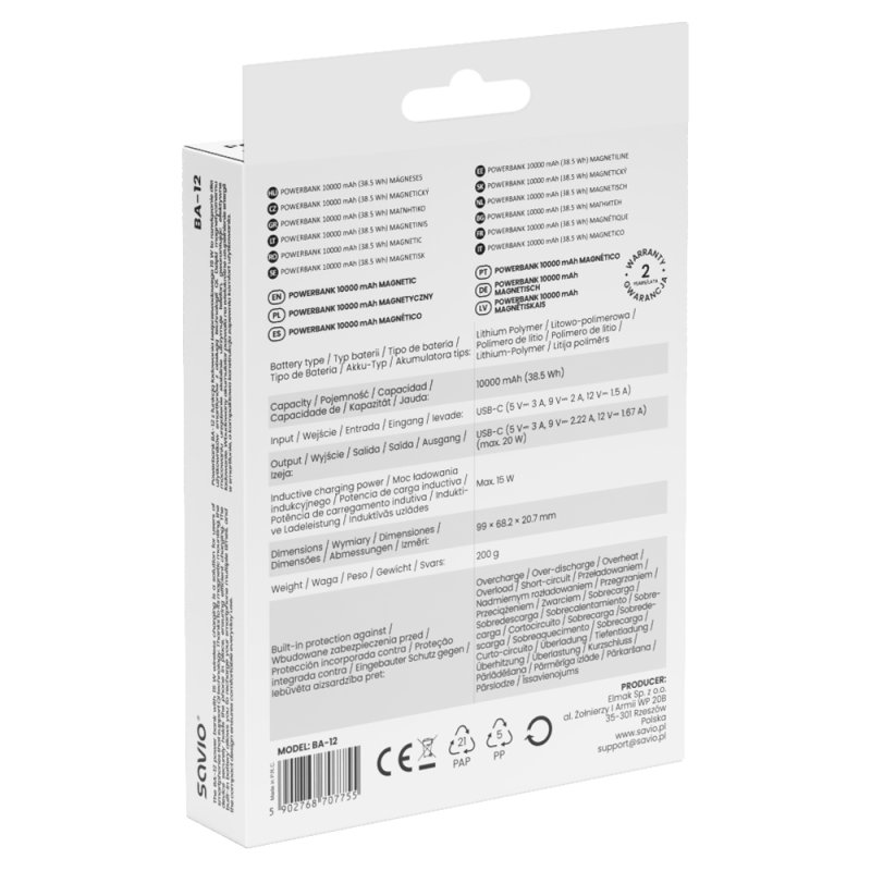 Savio BA-12 banque d'alimentation électrique Lithium Polymère (LiPo) 10000 mAh Recharge sans fil Noir